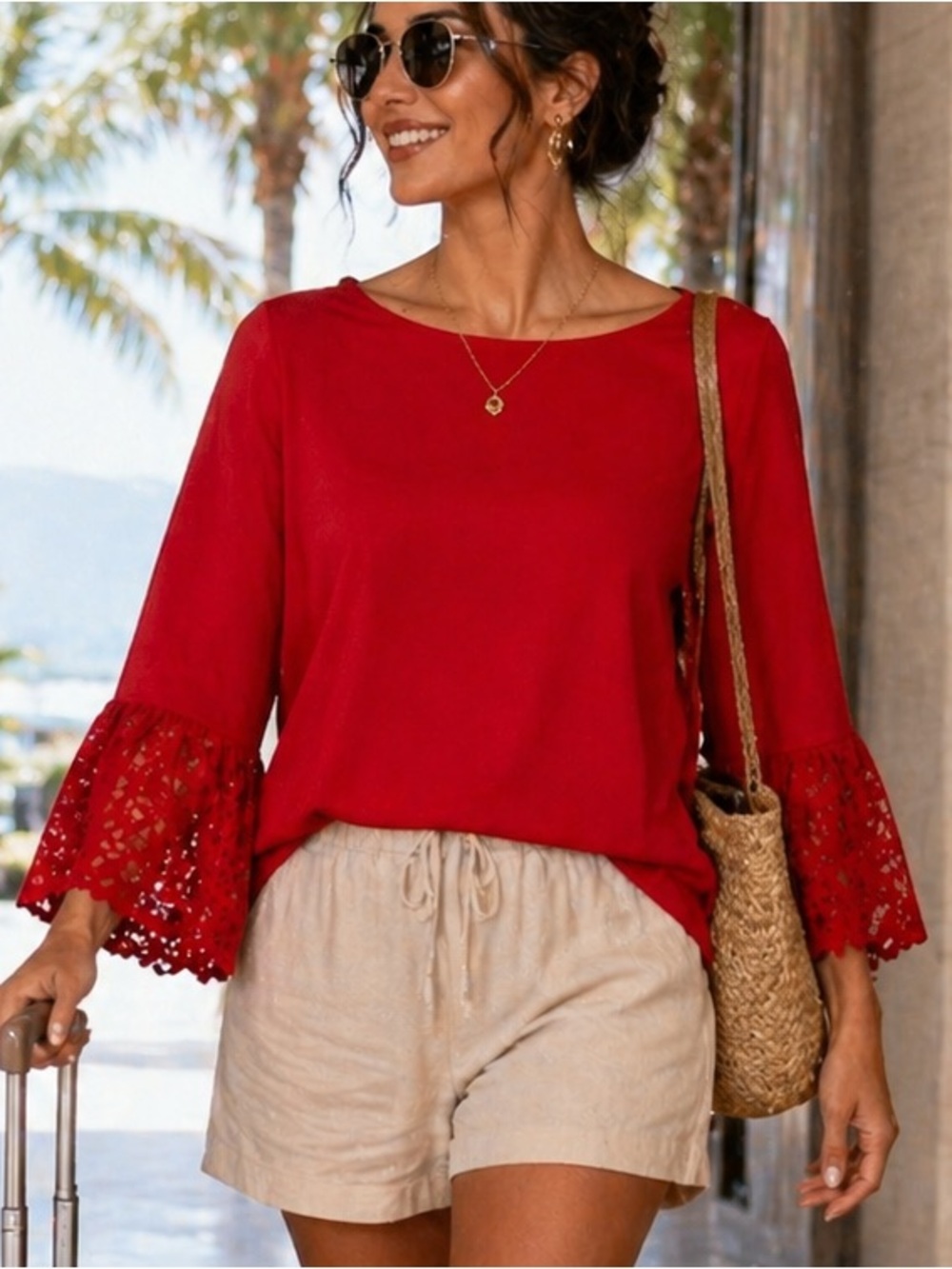 Banana Republic Red Bell Sleeve Lace-Trim Blouse